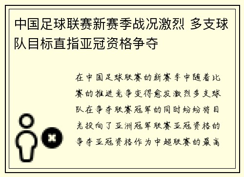 中国足球联赛新赛季战况激烈 多支球队目标直指亚冠资格争夺