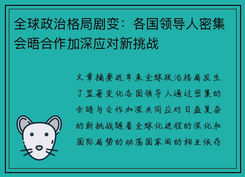 全球政治格局剧变：各国领导人密集会晤合作加深应对新挑战